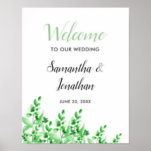 Watercolor Green Foliage  Welcome to our Wedding Poster