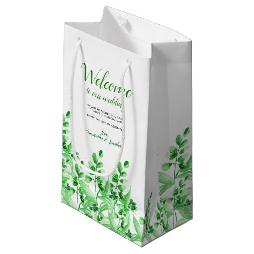 Watercolor Green Foliage  Welcome to our Wedding Small Gift Bag