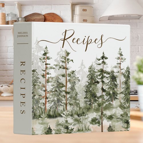 Watercolor Green Forest Cookbook Recipe 3 Ring Binder