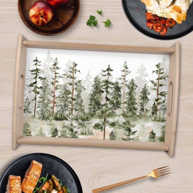 Watercolor Green Forest Landscape serving tray (In situ )