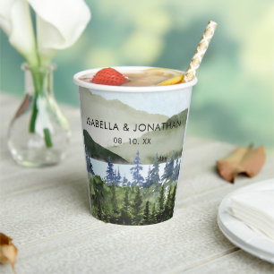 Watercolor Green Forest Mountain Outdoor Wedding Paper Cups