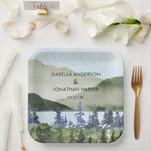 Watercolor Green Forest Mountain Outdoor Wedding Paper Plates
