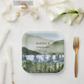 Watercolor Green Forest Mountain Outdoor Wedding Paper Plates