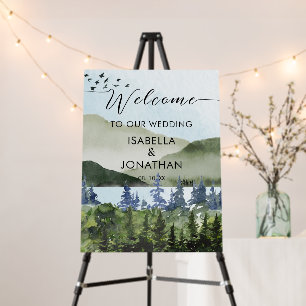 Watercolor Green Forest Mountain Wedding Welcome Foam Board