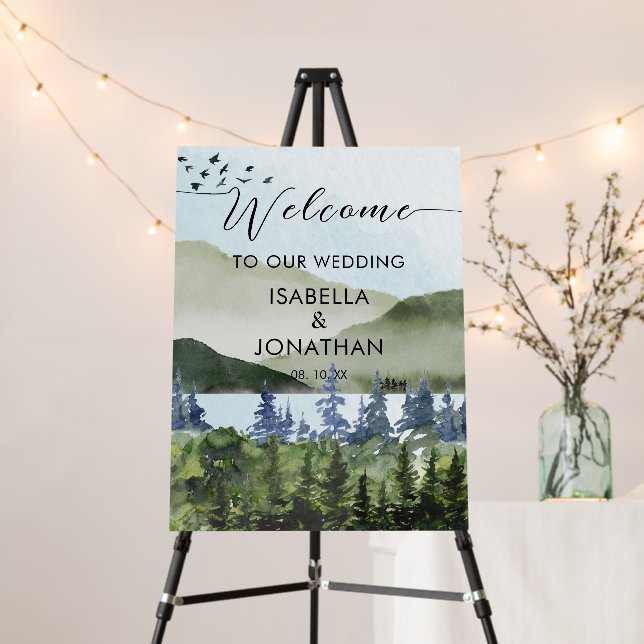 Watercolor Green Forest Mountain Wedding Welcome Foam Board (In Situ (Stand))