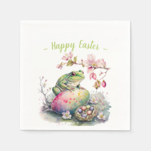 Watercolor Green Frog Easter Eggs and Flowers - Napkins