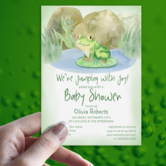 Watercolor Green Frog on Lily Pad Baby Shower Invitation