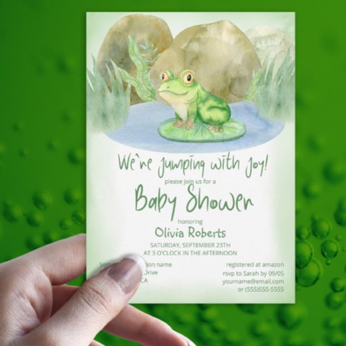 Watercolor Green Frog on Lily Pad Baby Shower Invitation