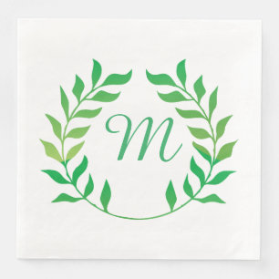 Watercolor Green Garland Monogram Paper Dinner Napkins