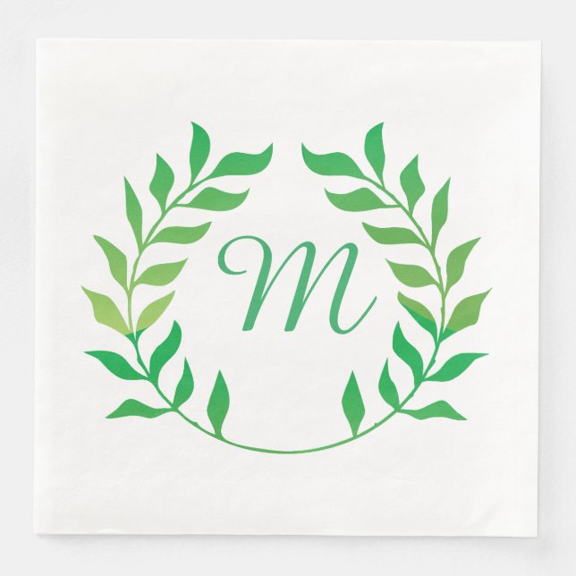 Watercolor Green Garland Monogram Paper Dinner Napkins (Front)