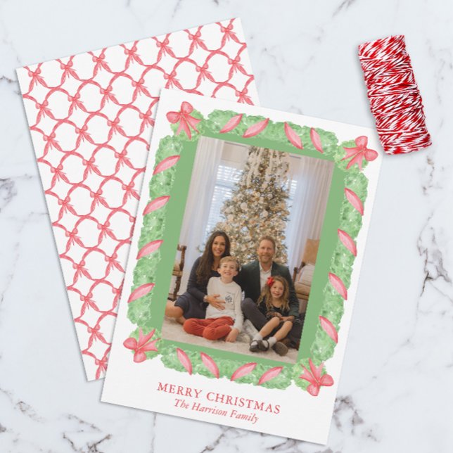 Watercolor Green Garland & Red Bow Christmas Photo Holiday Card (Creator Uploaded)
