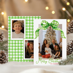Watercolor Green Gingham Bow Christmas Photo Holiday Card