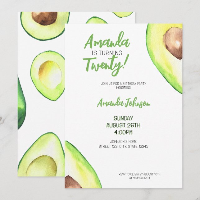 Watercolor Green Girly Avocado Birthday Invitation (Front/Back)
