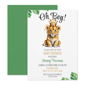 Watercolor Green & Gold Cute Lion Baby Shower Invitation