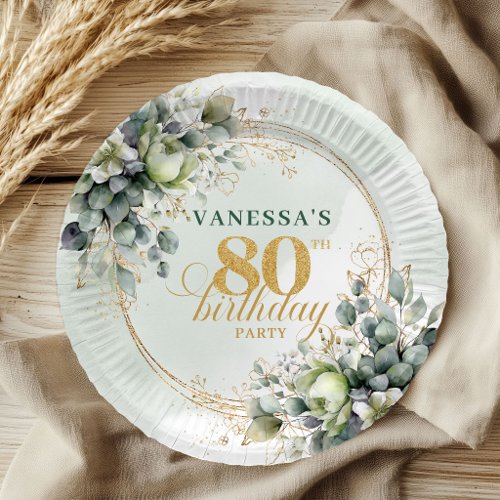 Watercolor Green Gold Eucalyptus 80th Birthday Paper Plates