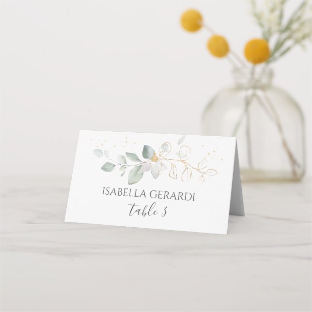 Watercolor green & gold foliage place card (Front)