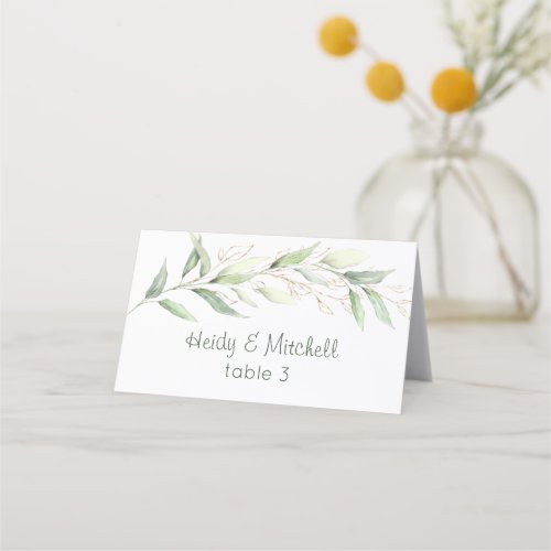 Watercolor Green  gold foliage Place Card