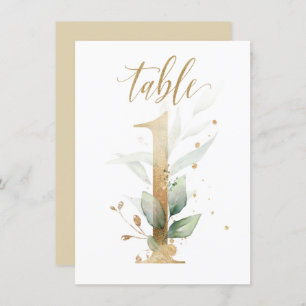 Watercolor Green & Gold Foliage, Table Number 1