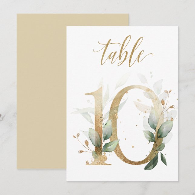 Watercolor Green & Gold Foliage, Table Number 10 (Front/Back)