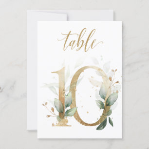 Watercolor Green & Gold Foliage, Table Number 10