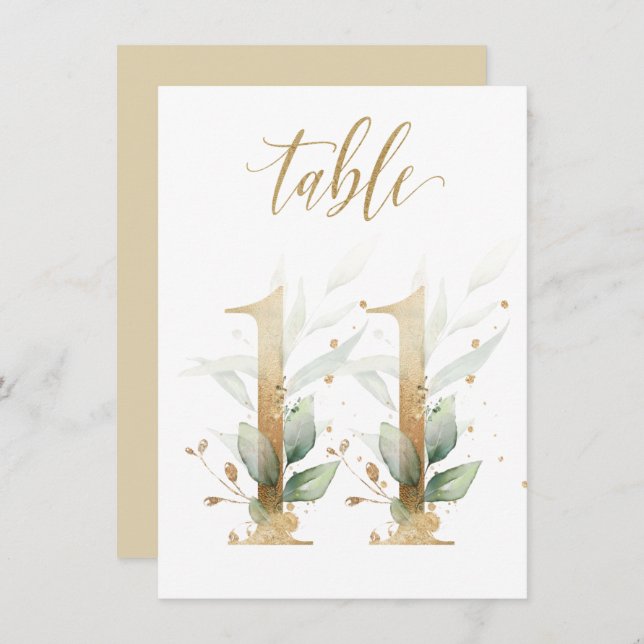 Watercolor Green & Gold Foliage, Table Number 11 (Front/Back)