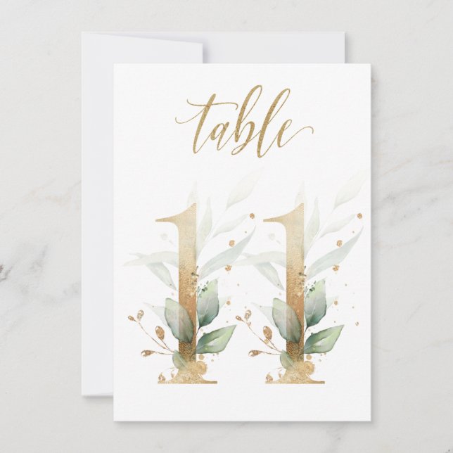 Watercolor Green & Gold Foliage, Table Number 11 (Front)