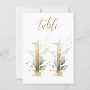 Watercolor Green & Gold Foliage, Table Number 11