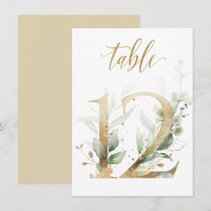 Watercolor Green & Gold Foliage, Table Number 12