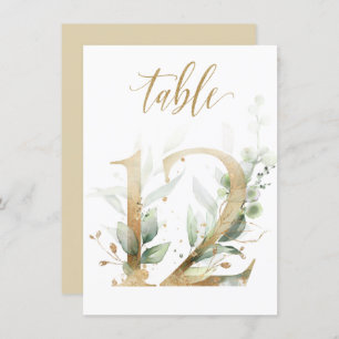 Watercolor Green & Gold Foliage, Table Number 12