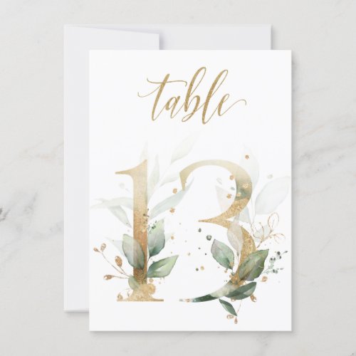 Watercolor Green  Gold Foliage Table Number 13