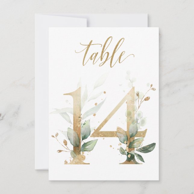 Watercolor Green & Gold Foliage, Table Number 14 (Front)