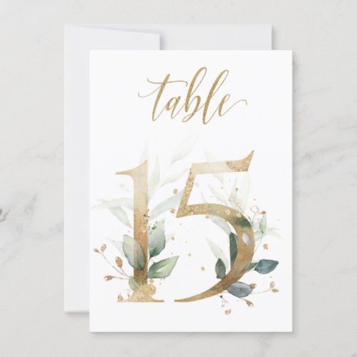 Watercolor Green  Gold Foliage Table Number 15