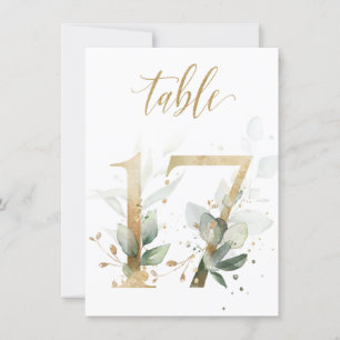 Watercolor Green & Gold Foliage, Table Number 17