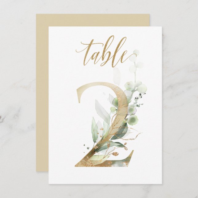 Watercolor Green & Gold Foliage, Table Number 2 (Front/Back)