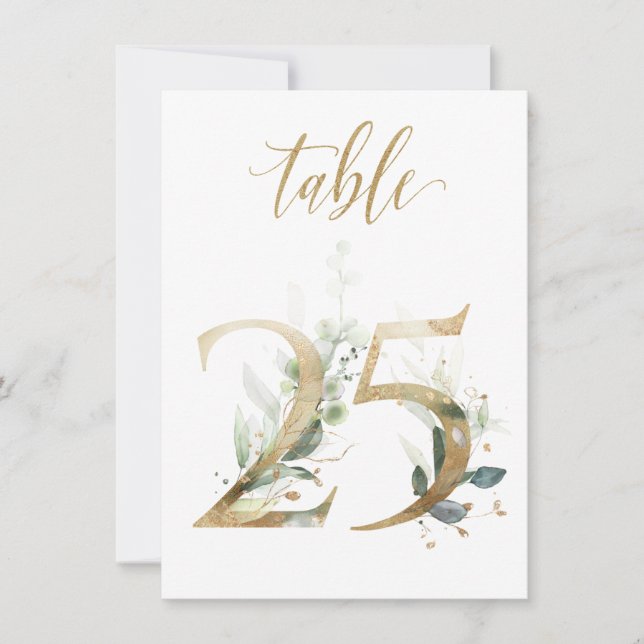 Watercolor Green & Gold Foliage, Table Number 25 (Front)