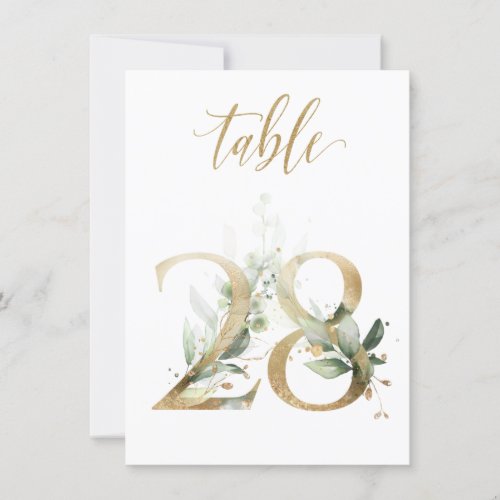 Watercolor Green  Gold Foliage Table Number 28
