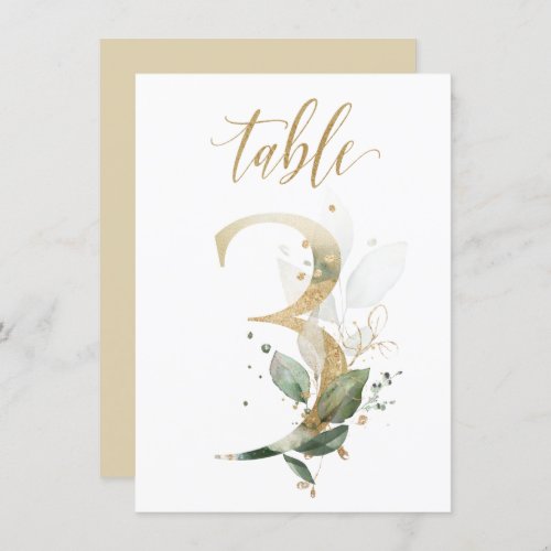 Watercolor Green  Gold Foliage Table Number 3