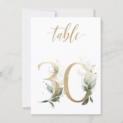 Watercolor Green  Gold Foliage Table Number 30