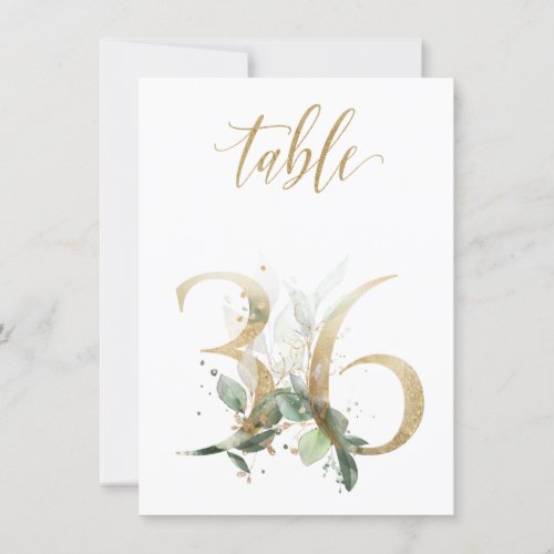 Watercolor Green  Gold Foliage Table Number 36