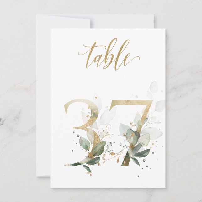 Watercolor Green & Gold Foliage, Table Number 37 (Front)