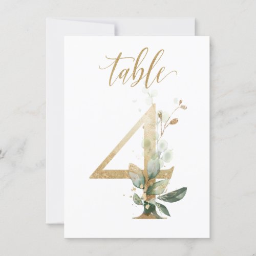 Watercolor Green  Gold Foliage Table Number 4