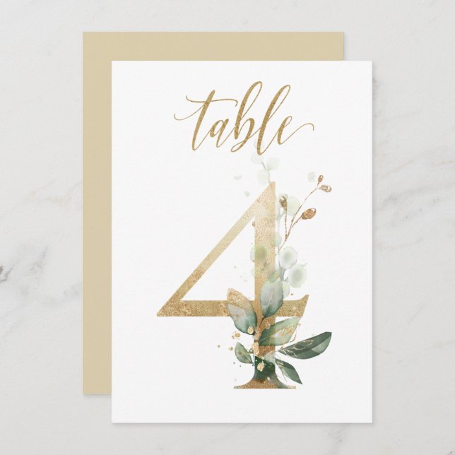 Watercolor Green & Gold Foliage, Table Number 4 (Front/Back)