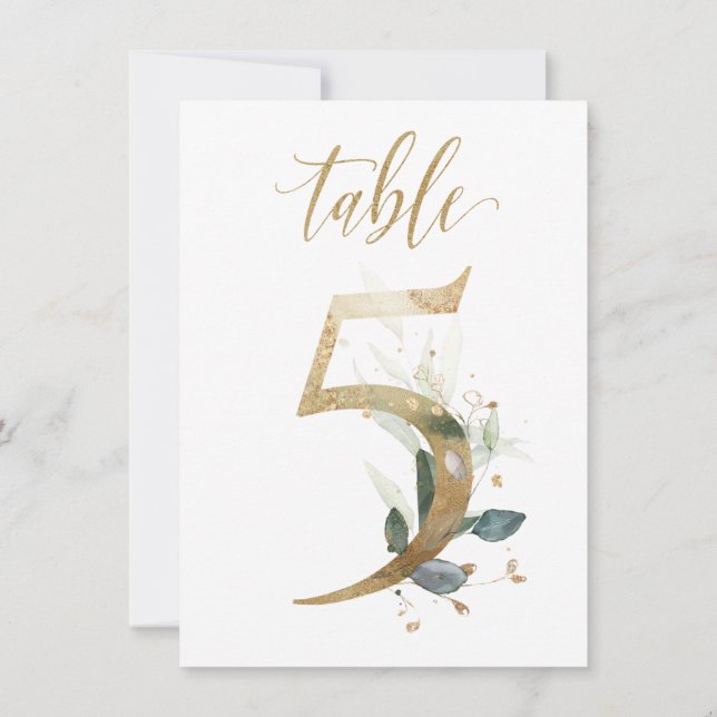 Watercolor Green & Gold Foliage, Table Number 5 (Back)
