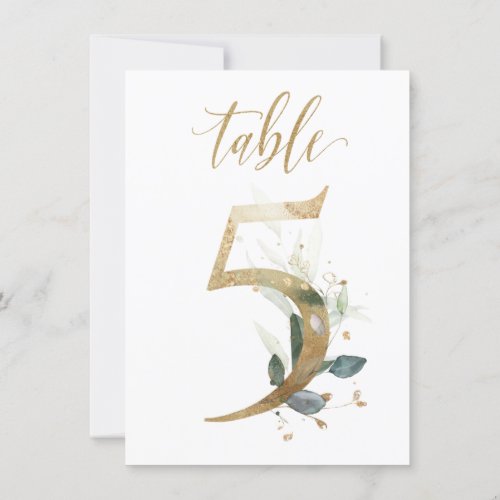 Watercolor Green  Gold Foliage Table Number 5