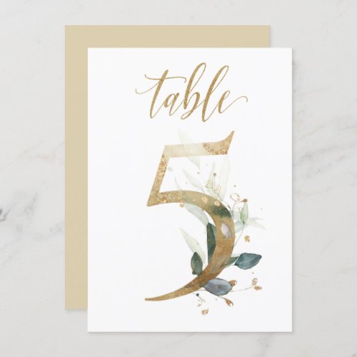 Watercolor Green  Gold Foliage Table Number 5
