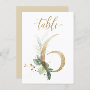 Watercolor Green & Gold Foliage, Table Number 6