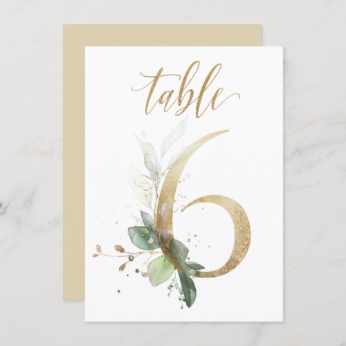 Watercolor Green  Gold Foliage Table Number 6