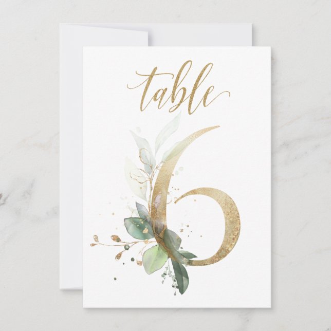 Watercolor Green & Gold Foliage, Table Number 6 (Front)