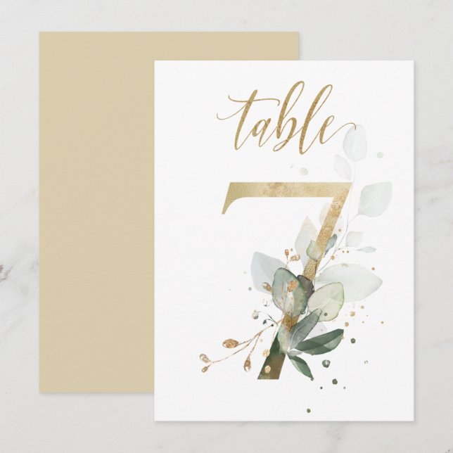Watercolor Green & Gold Foliage, Table Number 7 (Front/Back)