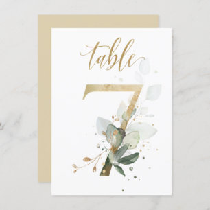 Watercolor Green & Gold Foliage, Table Number 7